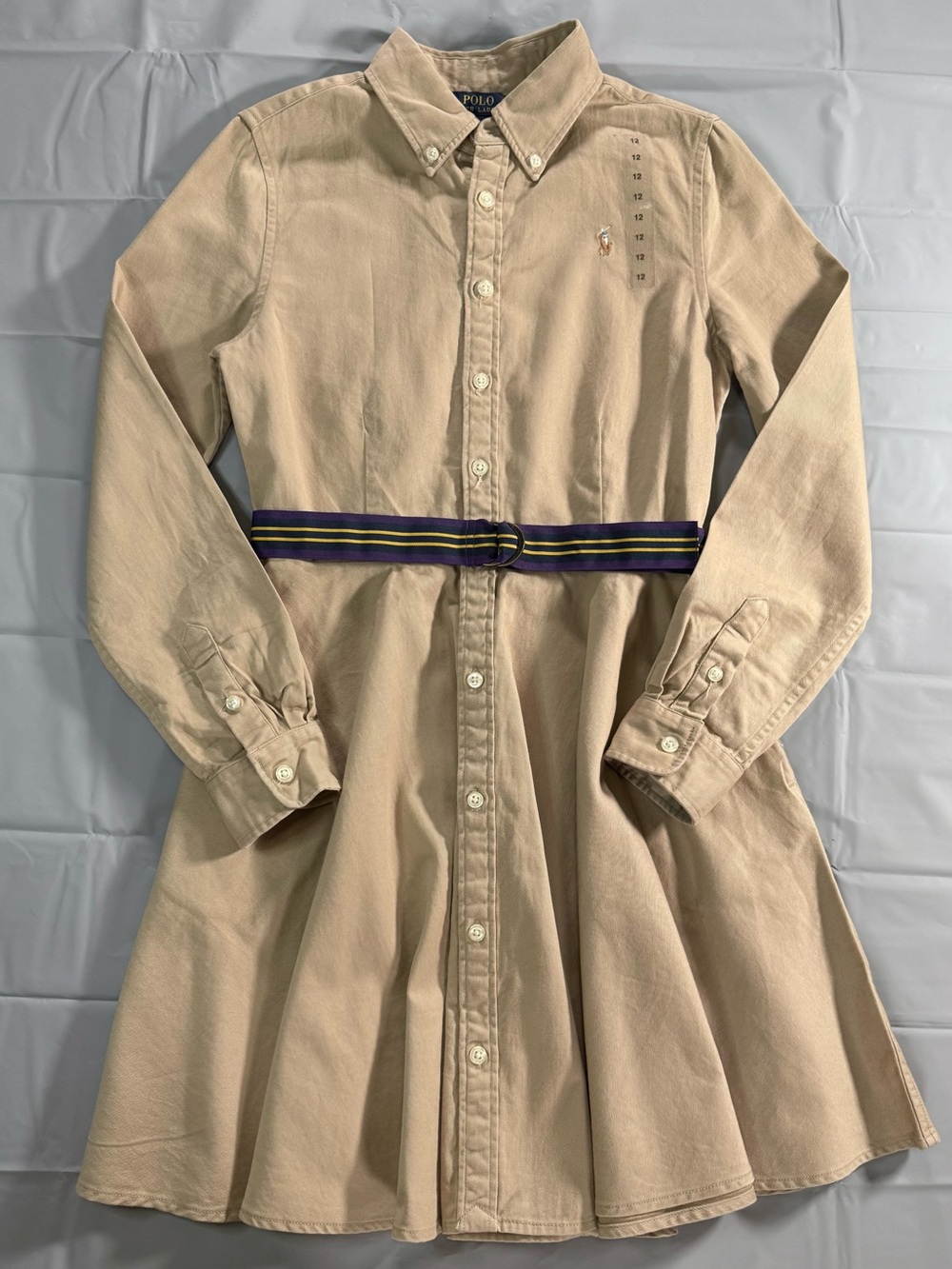 Girl’s Polo Ralph Lauren Chino Shirt Dress Striped Belt Size 12 New w/o Tag